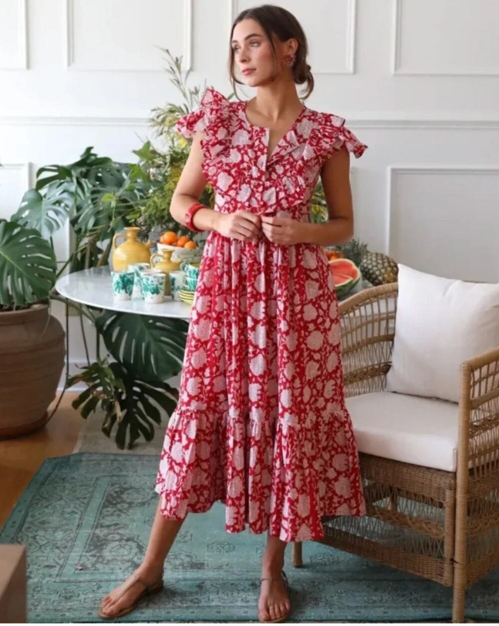 Mille Clementine Dress Red Zinnia Block Print XXS Cotton